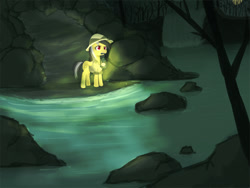 Size: 800x600 | Tagged: dead source, safe, artist:berrydrops, derpibooru import, daring do, pegasus, pony, female, lantern, mare, mouth hold, river, solo, waterfall