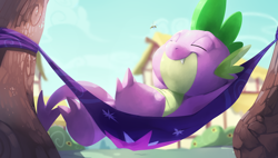 Size: 3000x1700 | Tagged: safe, artist:blitzdrachin, spike, breezie, dragon, series:breezie brooch, commission, hammock, imminent vore, sleeping