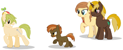 Size: 7286x3000 | Tagged: safe, artist:mythilas, derpibooru import, button mash, oc, oc:cream heart, earth pony, pony, unicorn, :p, absurd resolution, brother, brothers, chase, cute, family, father, hat, male, microchip, siblings, simple background, stallion, tongue out, transparent background, vector, wrench