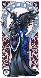 Size: 401x750 | Tagged: safe, artist:echostar, derpibooru import, nightmare moon, human, horned humanization, humanized, modern art, nouveau, solo, traditional art, winged humanization