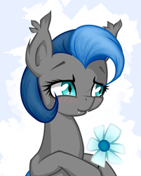 Size: 985x1228 | Tagged: safe, artist:xn-d, oc, oc only, oc:moonshine, bat pony, pony, blushing, flower, solo