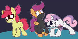 Size: 1343x684 | Tagged: safe, artist:sb, derpibooru import, apple bloom, scootaloo, sweetie belle, clothes, costume, cutie mark crusaders, eyepatch, knife, mask, mouth hold, ninja, pirate