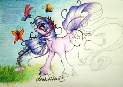 Size: 1047x740 | Tagged: safe, artist:divinekitten, oc, oc only, oc:galactica, butterfly, flower, solo, traditional art