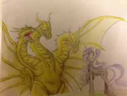 Size: 1617x1217 | Tagged: safe, artist:fallenangel5414, idw, nightmare rarity, kaiju, crossover, godzilla (series), grand king ghidorah, gravity beam, king ghidorah, roar, slasher smile, terrified, toho