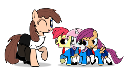 Size: 2560x1440 | Tagged: dead source, safe, artist:soniclegacy1, apple bloom, scootaloo, sweetie belle, oc, alternate hairstyle, clothes, cute, cutie mark crusaders, school uniform, simple background