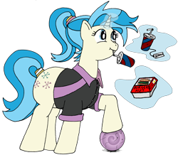 Size: 2650x2315 | Tagged: safe, artist:fatponysketches, derpibooru import, allie way, burger, clothes, drink, food, magic, shirt, solo