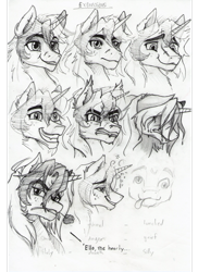 Size: 762x1049 | Tagged: safe, artist:anightlypony, derpibooru import, oc, oc only, oc:nightly, bedroom eyes, crying, drunk, expressions, flirty, happy, meme, monochrome, rage face, smiling, solo, traditional art