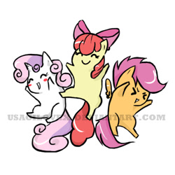 Size: 1200x1200 | Tagged: safe, artist:usagilovex, derpibooru import, apple bloom, scootaloo, sweetie belle, blush sticker, blushing, chibi, cutie mark crusaders