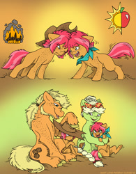 Size: 937x1200 | Tagged: safe, artist:kaemantis, granny smith, oc, oc:applejack, oc:felonwood, oc:firewood, earth pony, pony, apple family, family, previous generation, simple background, sisters, young granny smith, younger