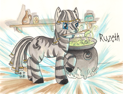 Size: 2289x1753 | Tagged: safe, artist:aokimeiwaru, derpibooru import, oc, oc only, oc:ruzeth, zebra, cauldron, male, solo, stallion, traditional art, watercolor painting