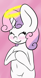 Size: 1313x2474 | Tagged: safe, artist:color-spark, sweetie belle, pony, belly button, bipedal, halo, innocent, solo