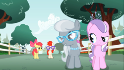 Size: 1366x768 | Tagged: safe, screencap, apple bloom, diamond tiara, silver spoon, twist, earth pony, pony, call of the cutie, apple bloom is not amused, bow, brat, bully, bullying, evil grin, female, filly, foal, glasses, grin, hair bow, jewelry, narrowed eyes, necklace, pearl necklace, raised eyebrow, smiling, smirk, tiara, unamused, upset, walking