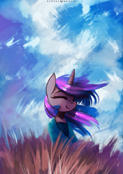 Size: 919x1300 | Tagged: safe, artist:foxinshadow, twilight sparkle, pony, unicorn, clothes, cloud, eyes closed, female, field, mare, painting, sky, smiling, solo