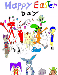 Size: 2454x3154 | Tagged: safe, artist:pokeneo1234, pound cake, pumpkin cake, bloo (foster's), bunnymund, celebi, chespin, crossover, don't hug me i'm scared, easter, easter egg, espurr, foster's home for imaginary friends, gregory horror show, klaymen, manny reginald, mass crossover, moomins, moomintroll, neko zombie, nights, nights into dreams, notepad (dhmis), pokémon, rise of the guardians, the neverhood, wander (wander over yonder), wander over yonder, wilt (foster's home for imaginary friends)