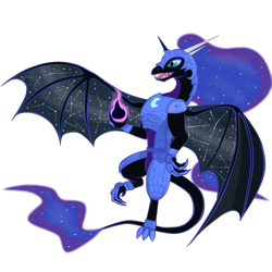 Size: 2000x2000 | Tagged: safe, artist:virenth, nightmare moon, tantabus, dragon, armor, dragon armor, dragoness, dragonified, ethereal mane, female, open mouth, simple background, species swap, spread wings, starry mane, starry wings, transparent background, wings