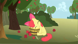 Size: 1366x768 | Tagged: safe, edit, edited screencap, screencap, apple bloom, call of the cutie, adorabloom, apple, apple tree, cute, eyes closed, female, filly, foal, food, inverted mouth, smiling, solo, tree