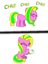 Size: 1536x2048 | Tagged: safe, artist:proponypal, derpibooru import, oc, oc only, oc:abby, filly, handkerchief, nose blowing, sneezing, sneezing fetish, solo, tissue