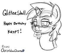 Size: 1280x914 | Tagged: safe, artist:outofworkderpy, derpibooru import, snails, pony, unicorn, black and white, blushing, colt, cute, glitter shell, grayscale, heart, male, monochrome, mouth hold, noot noot, note, paper, sketch, solo