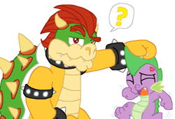 Size: 2614x1778 | Tagged: safe, derpibooru import, spike, dragon, bowser, crossover, holding, squirming, super mario bros., trying too hard