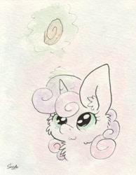 Size: 656x847 | Tagged: safe, artist:slightlyshade, derpibooru import, sweetie belle, cookie, solo, traditional art