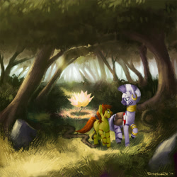 Size: 1250x1250 | Tagged: safe, artist:eosphorite, derpibooru import, zecora, oc, oc:forest, zebra, bag, forest, scenery, tree