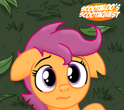 Size: 3124x2780 | Tagged: safe, artist:ajmstudios, scootaloo, cute, expression, floppy ears, frown, grass, on back, poster, scootaloo's scootaquest, solo, teaser, worried