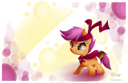 Size: 2550x1650 | Tagged: safe, artist:opticspectrum, derpibooru import, scootaloo, pony, bandana, cape, clothes, cmc cape, female, filly, headband, missing wing, solo, wingless