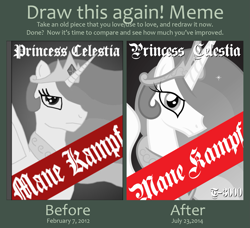 Size: 1629x1486 | Tagged: safe, artist:t-3000, derpibooru import, adolf hitler, blackletter, book cover, comparison, frown, mein kampf, parody, tyrant celestia