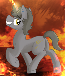 Size: 1702x2000 | Tagged: safe, anonymous artist, derpibooru import, oc, oc only, oc:cyther, pony, unicorn, dancing, fire, male, plot, solo, sparks, underhoof