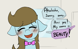 Size: 1280x804 | Tagged: safe, artist:fiddlearts, derpibooru import, beauty brass, blushing, bowtie, dialogue, solo