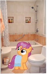 Size: 860x1365 | Tagged: safe, artist:awesomescootalooplz, artist:marioponyfan, scootaloo, bathtub, irl, photo, ponies in real life, shampoo, shower, solo, toilet, towel, vector, wet mane