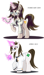 Size: 1780x3000 | Tagged: safe, artist:ruhisu, oc, oc only, pony, unicorn, doctor, drugs, equipment, female, gold, heart, mare, medicine, progress, smiling, solo