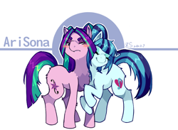 Size: 890x650 | Tagged: safe, artist:hisshi shoujo, aria blaze, sonata dusk, arisona, blushing, eyes closed, female, hug, lesbian, ponified, raised hoof, shipping, smiling