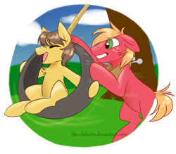 Size: 800x700 | Tagged: safe, artist:the-chibster, big macintosh, caramel, earth pony, pony, friends, male, stallion, swing