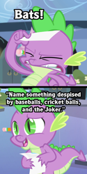 Size: 500x1000 | Tagged: safe, derpibooru import, edit, edited screencap, screencap, spike, dragon, equestria games (episode), caption, carnac the magnificent, envelope, envelope reading, exploitable, exploitable meme, image macro, johnny carson, meme, parody, pencil, solo