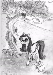 Size: 1626x2307 | Tagged: safe, artist:samsketchbook, derpibooru import, oc, oc only, glasses, monochrome, solo, traditional art, tree