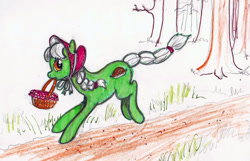 Size: 900x578 | Tagged: safe, artist:samsketchbook, derpibooru import, granny smith, earth pony, pony, basket, female, mare, mouth hold, solo, traditional art, young granny smith, younger