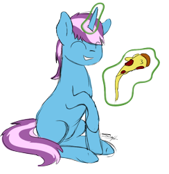 Size: 606x620 | Tagged: safe, artist:cloud-drawings, oc, oc only, oc:gyro tech, pony, unicorn, eating, food, pizza, solo