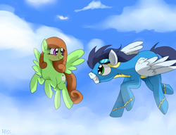 Size: 1024x788 | Tagged: safe, artist:misspolycysticovary, derpibooru import, soarin', oc, flying, wonderbolts uniform