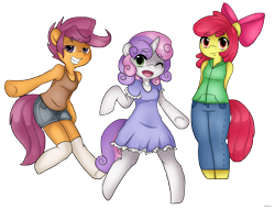 Size: 1280x973 | Tagged: safe, artist:leslers, apple bloom, scootaloo, sweetie belle, anthro, unguligrade anthro, anatomically incorrect, clothes, cutie mark crusaders, dress, incorrect leg anatomy, jeans, pants, shorts, simple background, standing