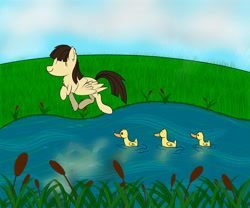 Size: 6000x5000 | Tagged: safe, artist:eillahwolf, derpibooru import, wild fire, duck, absurd resolution, baby duck syndrome, duckling, eyes closed, fluffy, happy, sibsy, smiling, solo, trotting