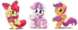 Size: 2540x1000 | Tagged: safe, artist:stoic5, apple bloom, scootaloo, sweetie belle, pony, adorabloom, bipedal, clothes, cute, cutealoo, cutie mark crusaders, diasweetes, grin, hoodie, leaning on the fourth wall, looking at you, pointing, screen boop, smiling, sweater, underhoof