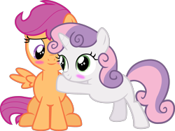 Size: 3000x2239 | Tagged: safe, artist:incognito-i, derpibooru import, scootaloo, sweetie belle, blushing, scootabelle, shipping, simple background, transparent background, vector