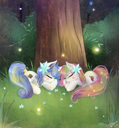 Size: 1024x1098 | Tagged: safe, artist:wilvarin-liadon, derpibooru import, oc, oc only, firefly (insect), flower in hair, night, sleeping