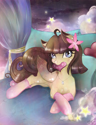 Size: 2000x2620 | Tagged: safe, artist:wilvarin-liadon, derpibooru import, oc, oc only, bed, clothes, flower in hair, heart, mouth hold, night, solo, stockings