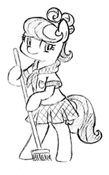 Size: 645x1024 | Tagged: safe, artist:tebasaki, derpibooru import, suri polomare, pony, bipedal, broom, grayscale, monochrome, simple background, solo