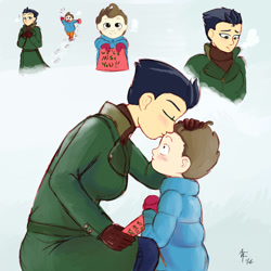 Size: 1000x1000 | Tagged: safe, artist:aa, derpibooru import, giselle, irma, pound cake, griffon, human, blushing, card, clothes, comic, cute, forehead kiss, humanized, kissing, kneeling, smiling, sweater, turtleneck, winter