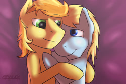 Size: 1280x853 | Tagged: safe, derpibooru import, braeburn, oc, oc:sweet corn, cuddling, gay, hug, male, snuggling