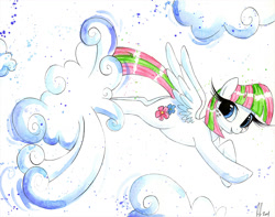 Size: 1191x938 | Tagged: safe, artist:prettypinkpony, derpibooru import, blossomforth, cloud, cloud busting, cloudy, solo, traditional art