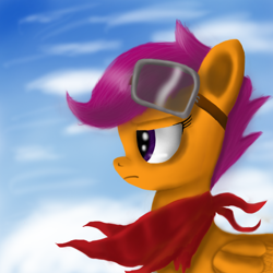 Size: 900x900 | Tagged: safe, artist:jeki, derpibooru import, scootaloo, pegasus, pony, clothes, future, goggles, older, painting, sad, scarf, solo